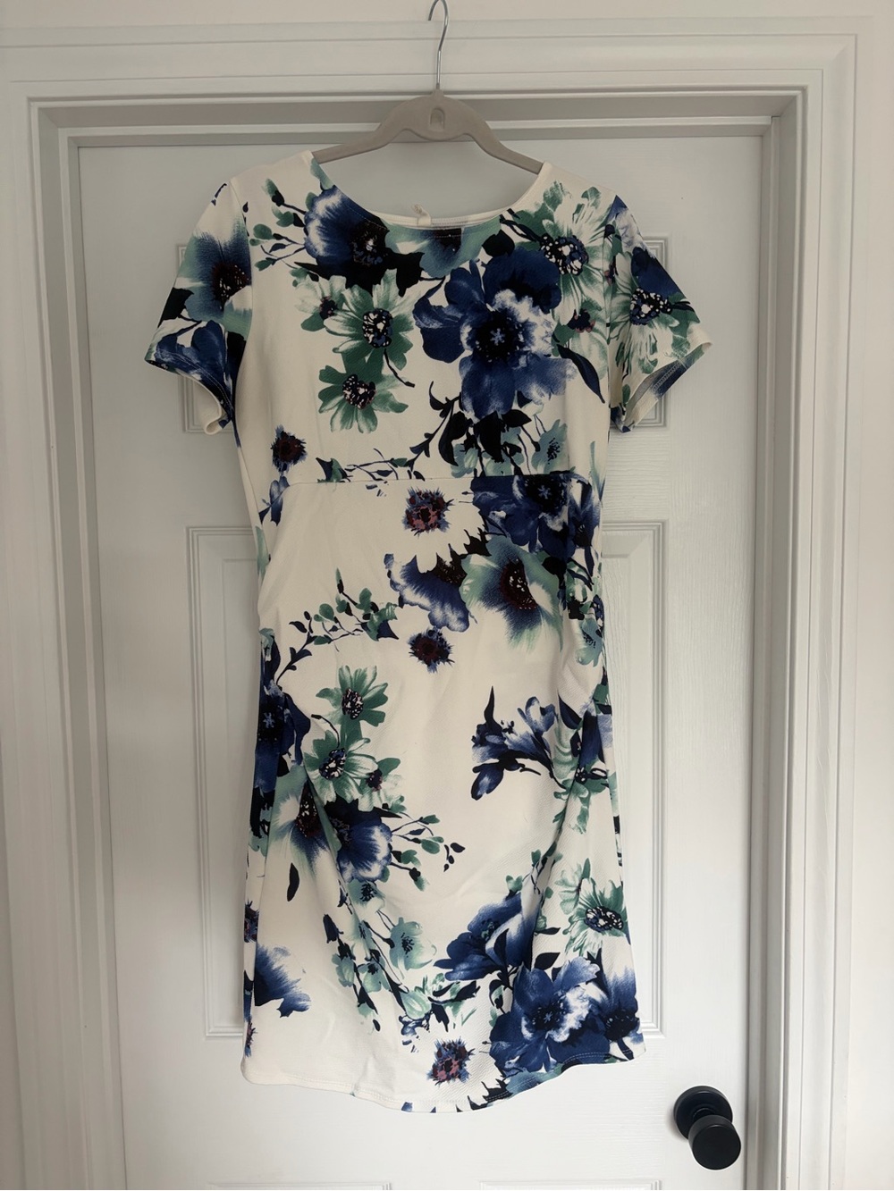 Pinkblush White Floral Short Sleeve Shift Dress with Blue & Green Print